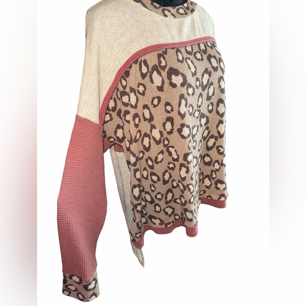 Ces Femme “Lina” Leopard Print Waffle Knit Top, Size Oversized Large, NWT